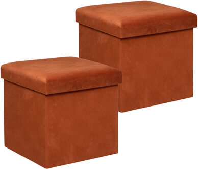 Atmosphera Poef/krukje/hocker Amber - 2x - Opvouwbare zit opslag box - fluweel Terracotta - D38 x H38 cm