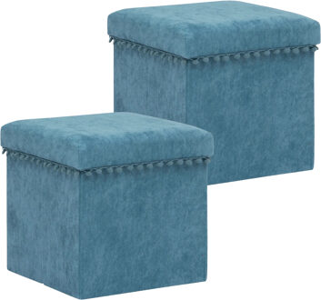 Atmosphera Poef/krukje/hocker Arabic - 2x - Opvouwbare opslag box - fluweel Blauw - D38 x H38 cm - Poefs