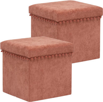 Atmosphera Poef/krukje/hocker Arabic - 2x - Opvouwbare opslag box - fluweel Steenrood - D38 x H38 cm - Poefs