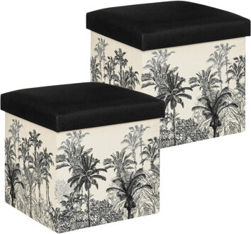 Atmosphera Poef/krukje/hocker Palmtrees - 2x - Opvouwbare zit opslag box - creme wit/zwart - D39 x H39 cm