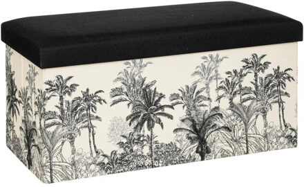 Atmosphera Poef/krukje/hocker Palmtrees - Opvouwbare opslag box - creme wit/zwart - 76 x 39 x 39 cm - Poefs