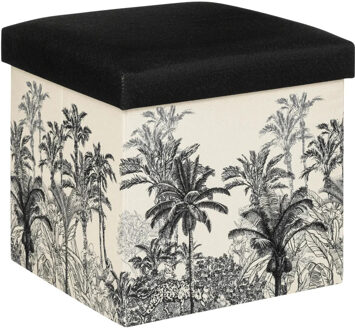 Atmosphera Poef/krukje/hocker Palmtrees - Opvouwbare opslag box - creme wit/zwart - D39 x H39 cm - Poefs