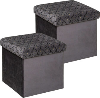 Atmosphera Poef/krukje/hocker Royal - 2x - Opvouwbare opslag box - fluweel Donkergrijs - D38 x H38 cm - Poefs