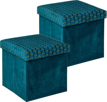 Atmosphera Poef/krukje/hocker Royal - 2x - Opvouwbare opslag box - fluweel Smaragd groen - D38 x H38 cm - Poefs