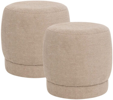 Atmosphera Poef om te zitten Perfect Seat - 2x - stof/hout - beige - D40 x H40 cm - bijzet stoeltjes