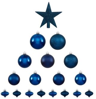 Atmosphera Set van 17x stuks kunststof kerstballen met ster piek donkerblauw - Kerstbal