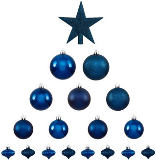 Atmosphera Set van 17x stuks kunststof kerstballen met ster piek donkerblauw