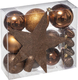 Atmosphera Set van 17x stuks kunststof kerstballen met ster piek kastanje bruin