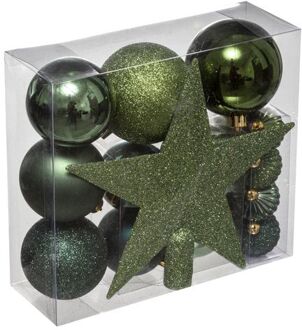 Atmosphera Set van 17x stuks kunststof kerstballen met ster piek khaki groen - Kerstbal