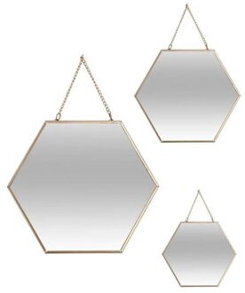 Atmosphera Set van 3x spiegels/wandspiegels hexagon metaal goud met ketting - Spiegels Goudkleurig