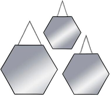 Atmosphera Set van 3x spiegels/wandspiegels hexagon metaal zwart met ketting - Spiegels