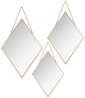 Atmosphera Set van 3x spiegels/wandspiegels ruit metaal goud met ketting - Spiegels Goudkleurig