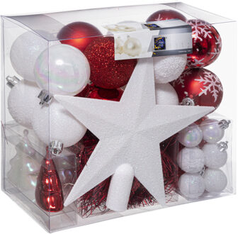 Atmosphera Set van 43x stuks kunststof kerstballen met ster piek rood/wit mix