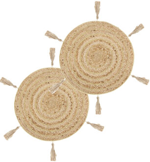 Atmosphera Set van 4x stuks ronde placemats raffia met franjes naturel 38 cm - Placemats Bruin