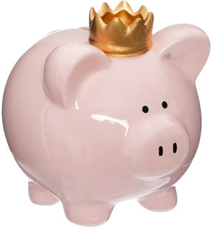 Atmosphera Spaarpot voor kinderen - spaarvarken met kroontje - keramiek - roze - 16 x 14 cm