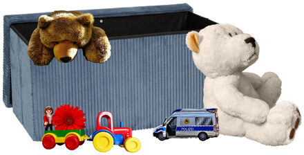 Atmosphera Speelgoed en spullen opbergkist - opvouwbaar - blauw - MDF/polyester - 76 x 38 x 38 cm - en zitje