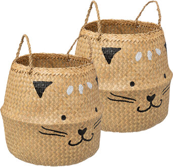 Atmosphera Speelgoed Opbergmand - 2x - Kat - met handgreep - riet - opvouwbaar - 37 x 37 x 38 cm