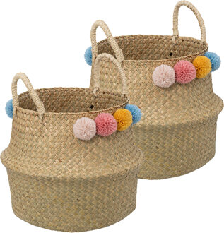 Atmosphera Speelgoed Opbergmand - 2x - Pompoms - met handgreep - riet - opvouwbaar - 33 x 28 x 33 cm