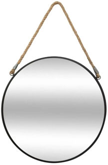 Atmosphera Spiegel/wandspiegel - rond - Dia 55 cm - metaal/glas - zwart - met ophangtouw