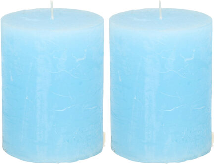 Atmosphera Stompkaars - 2x - licht blauw - 7 x 9 cm - middel rustiek model - cilinderkaars - kaa