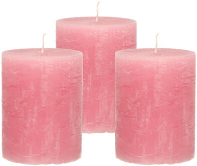 Atmosphera Stompkaars - 3x - oudroze - 7 x 9 cm - middel rustiek model - roze - cilinderkaars - kaar