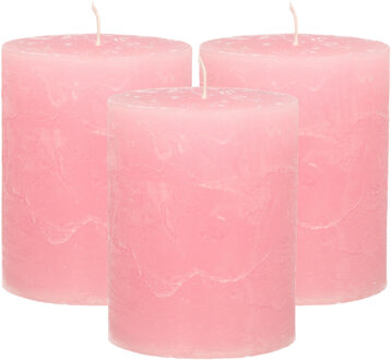 Atmosphera Stompkaars - 3x - roze - 7 x 9 cm - middel rustiek model - cilinderkaars - kaars