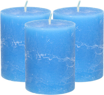 Atmosphera Stompkaars/cilinderkaars - 3x - helder blauw - 7 x 9 cm - middel rustiek model