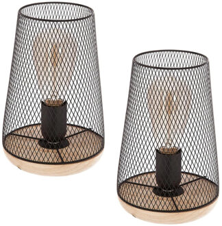 Atmosphera Tafellamp Soho - 2x - draad metaal/hout - zwart - H24 cm - Designlamp