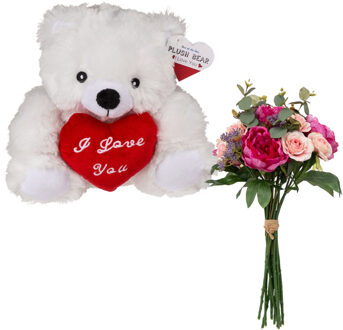 Atmosphera Valentijnscadeau - Beertje en bloemenboeket - kunstbloem - cadeau - romantisch