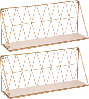 Atmosphera Wandplank/boekenplank Anna - 2x - goud - metaal/hout - draadframe - 48 x 12 x 20 cm