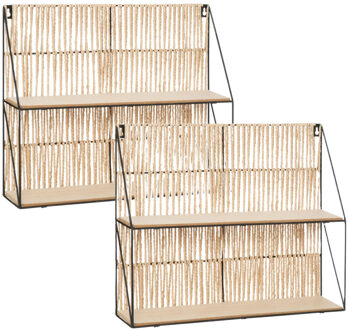 Atmosphera Wandplankje Tatra 2 laags - 2x - zwart/beige - metaal/hout/papier - 48 x 12 x 40 cm