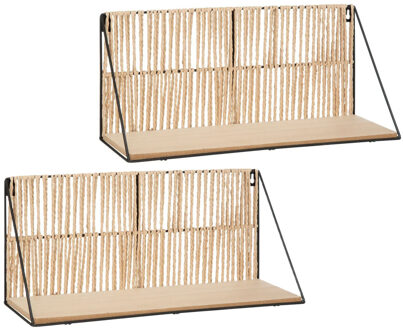 Atmosphera Wandplankje Tatra - 2x - zwart/beige - metaal/hout/papier - 48 x 12 x 20 cm