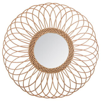 Atmosphera Wandspiegel Gwenn - rozet motief - Boho/ibiza stijl - rotan - lichtbruin - rond - 58 cm