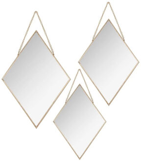 Atmosphera Wandspiegels set - Ruitjes - 3x spiegels - metaal en glas - gouden frames - met ketting