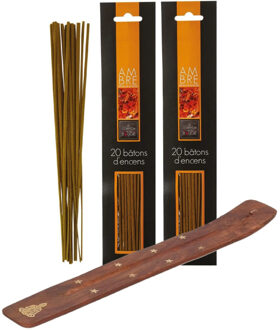 Atmosphera Wierook stokjes voordeelpak - 40x stokjes en houder - Amber geur - Ontspannend