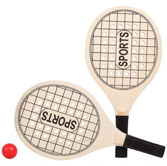 Atosa Actief speelgoed tennis/beachball setje houtkleurig met tennisracketmotief - Beachballsets Zwart