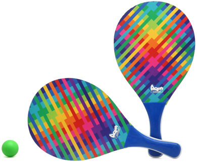 Atosa Beachball set Stripes - hout - blauw mix - strand tennis speelset - kinderen/volwassenen - Beachballsets