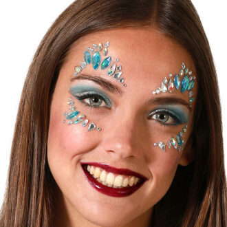 Atosa Carnaval verkleden gezicht juwelen/steentjes - stickers - blauw - glitter diamantjes - strass