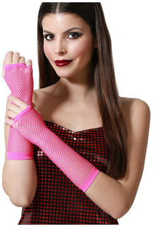 Atosa Carnaval verkleed handschoenen - visnet stof - fuchsia roze - vingerloos - dames - elastiek