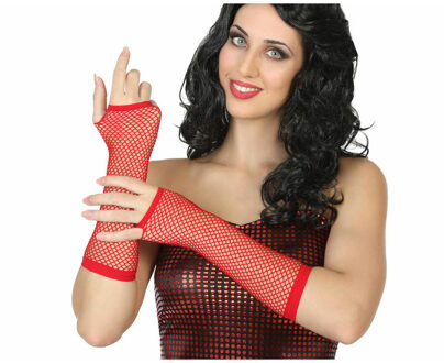 Atosa Carnaval verkleed handschoenen - visnet stof - rood - vingerloos - dames - elastiek