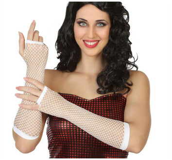 Atosa Carnaval verkleed handschoenen - visnet stof - wit - vingerloos - dames - elastiek
