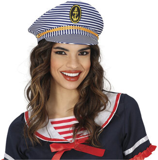 Atosa Carnaval verkleed Kapiteinspet - wit/blauw - voor volwassenen - Maritiem thema