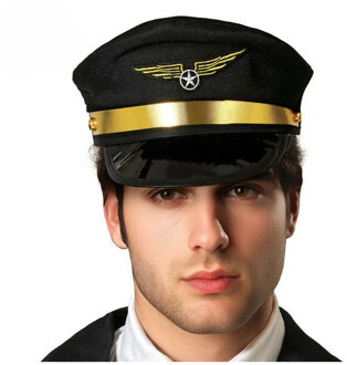 Atosa Carnaval verkleed Piloten hoedje - zwart/goud - voor volwassenen - Luchtvaart thema