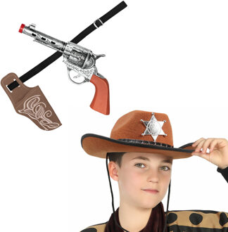 Atosa Carnaval Verkleed set - Cowboy hoed bruin met holster met een revolver - voor kinderen
