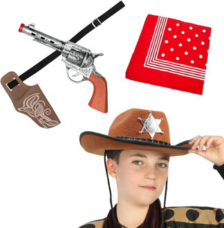 Atosa Carnaval Verkleed set - Cowboy hoed bruin/zakdoek rood/holster met revolver - voor kinderen