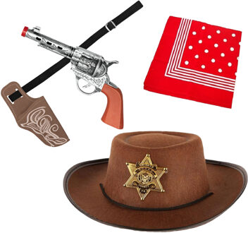 Atosa Carnaval Verkleed set - Cowboy hoed bruin/zakdoek rood/holster met revolver - voor kinderen