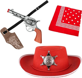 Atosa Carnaval Verkleed set - Cowboy hoed rood/zakdoek rood/holster met revolver - voor kinderen