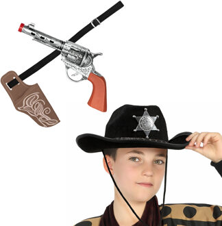 Atosa Carnaval Verkleed set - Cowboy hoed zwart met holster met een revolver - voor kinderen