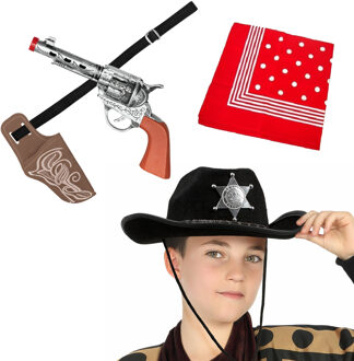 Atosa Carnaval Verkleed set - Cowboy hoed zwart/zakdoek rood/holster met revolver - voor kinderen