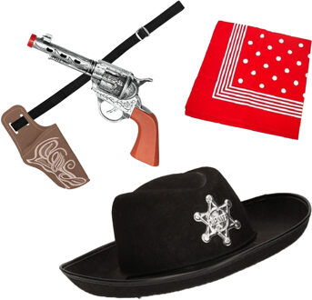 Atosa Carnaval Verkleed set - Cowboy hoed zwart/zakdoek rood/holster met revolver - voor kinderen